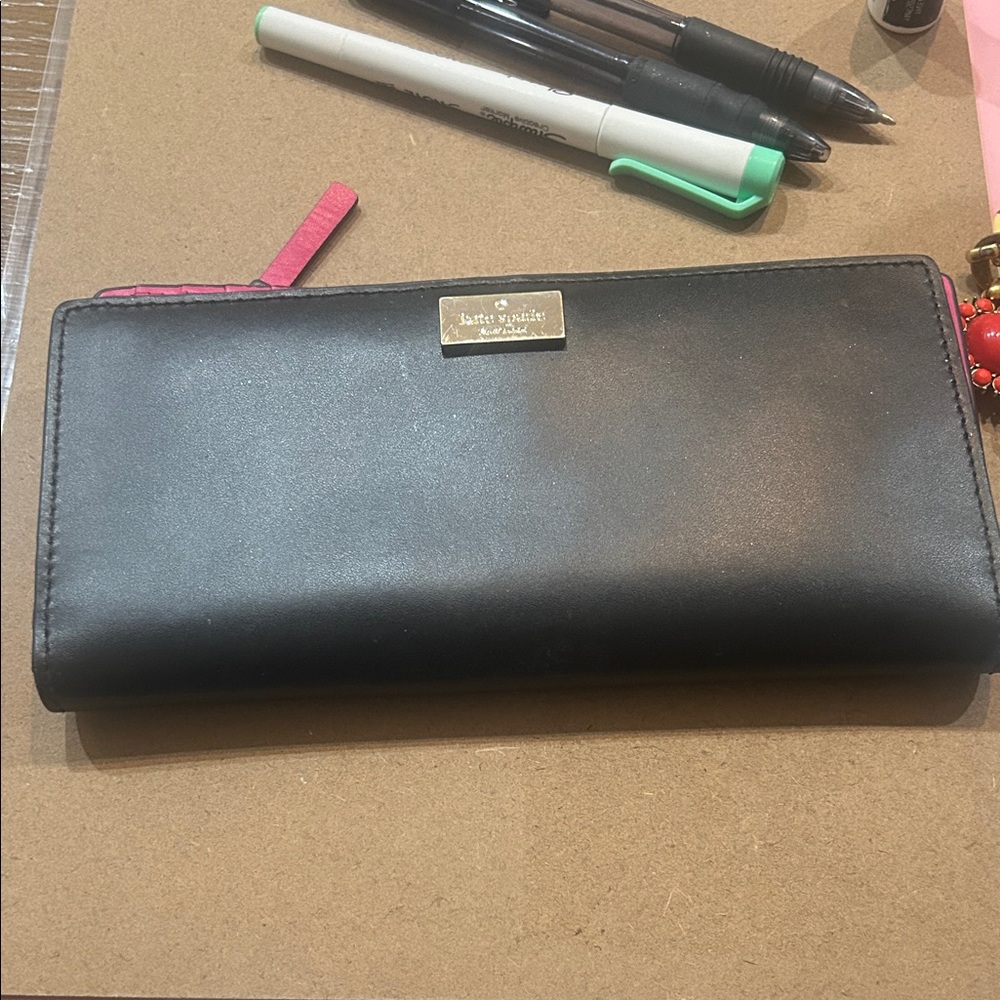 kate spade Black Leather Continental Wallet with Hot Pink Trim